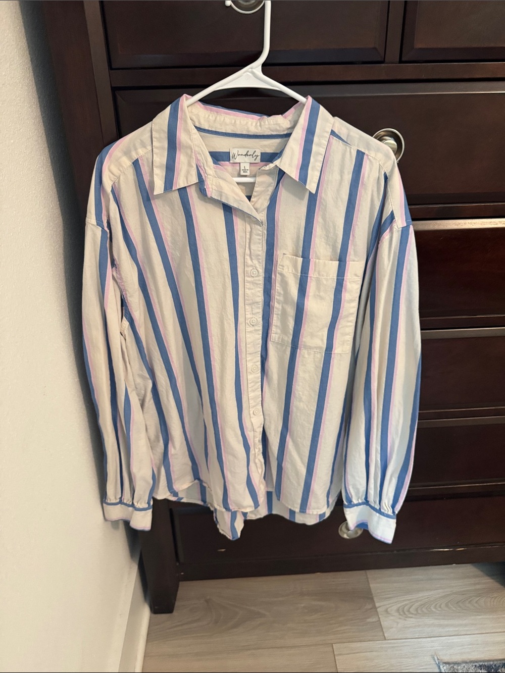 Wonderly Button-Down Shirt in White with Blue and Pink Stripes